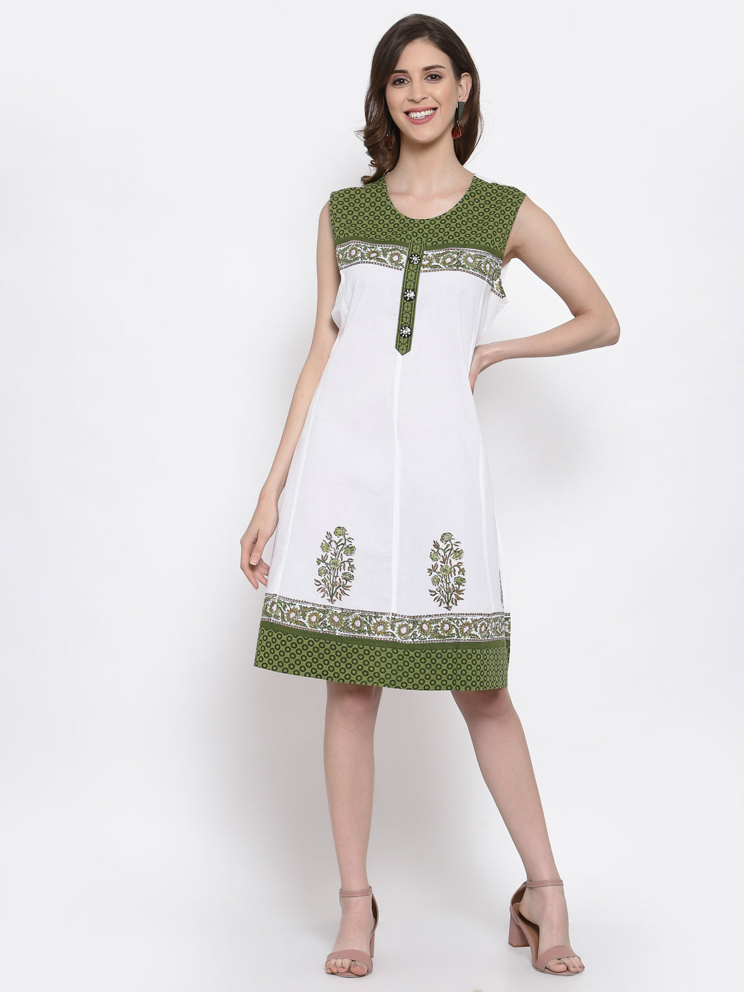 White / Green 100 % Cotton Sleeveless Dress