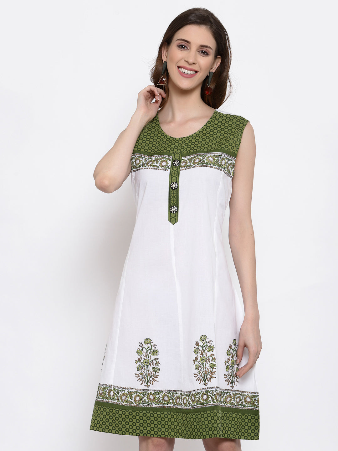 White / Green 100 % Cotton Sleeveless Dress