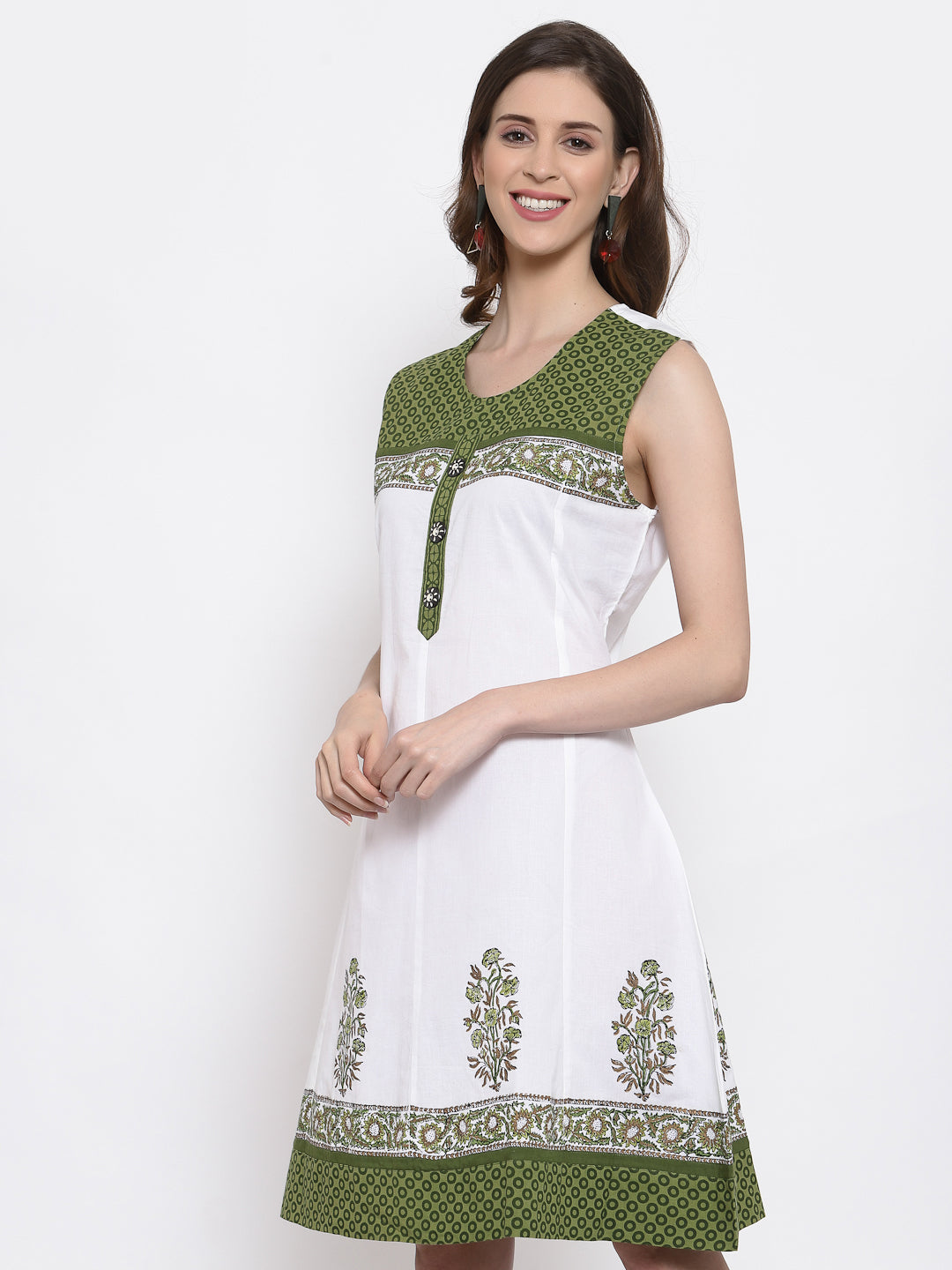 White / Green 100 % Cotton Sleeveless Dress
