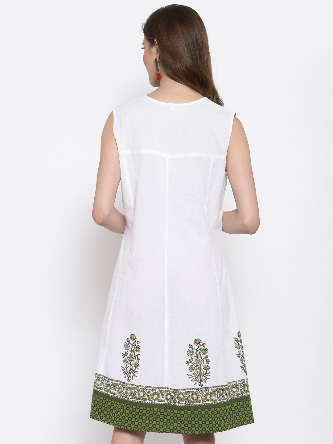 White / Green 100 % Cotton Sleeveless Dress