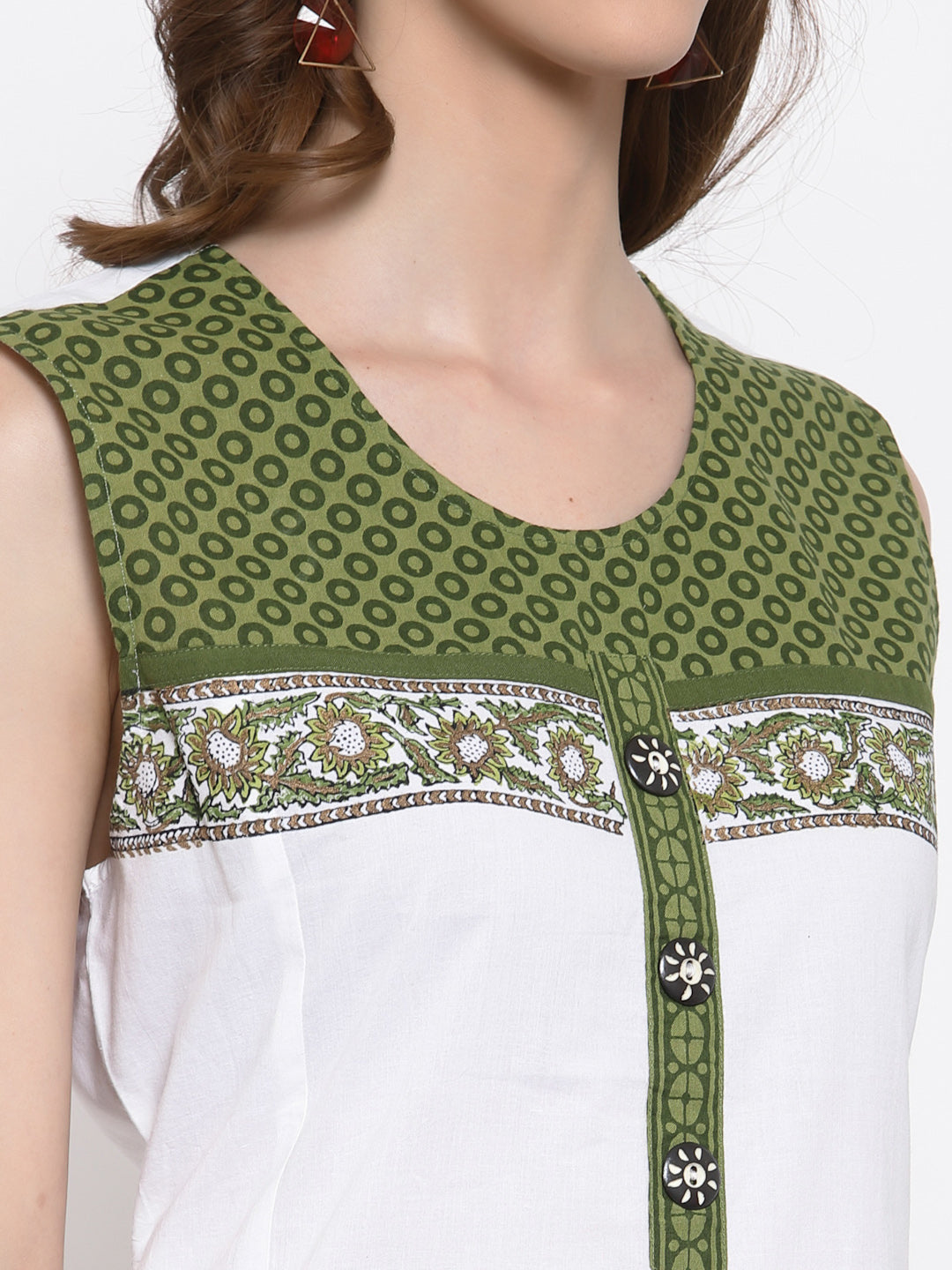 White / Green 100 % Cotton Sleeveless Dress