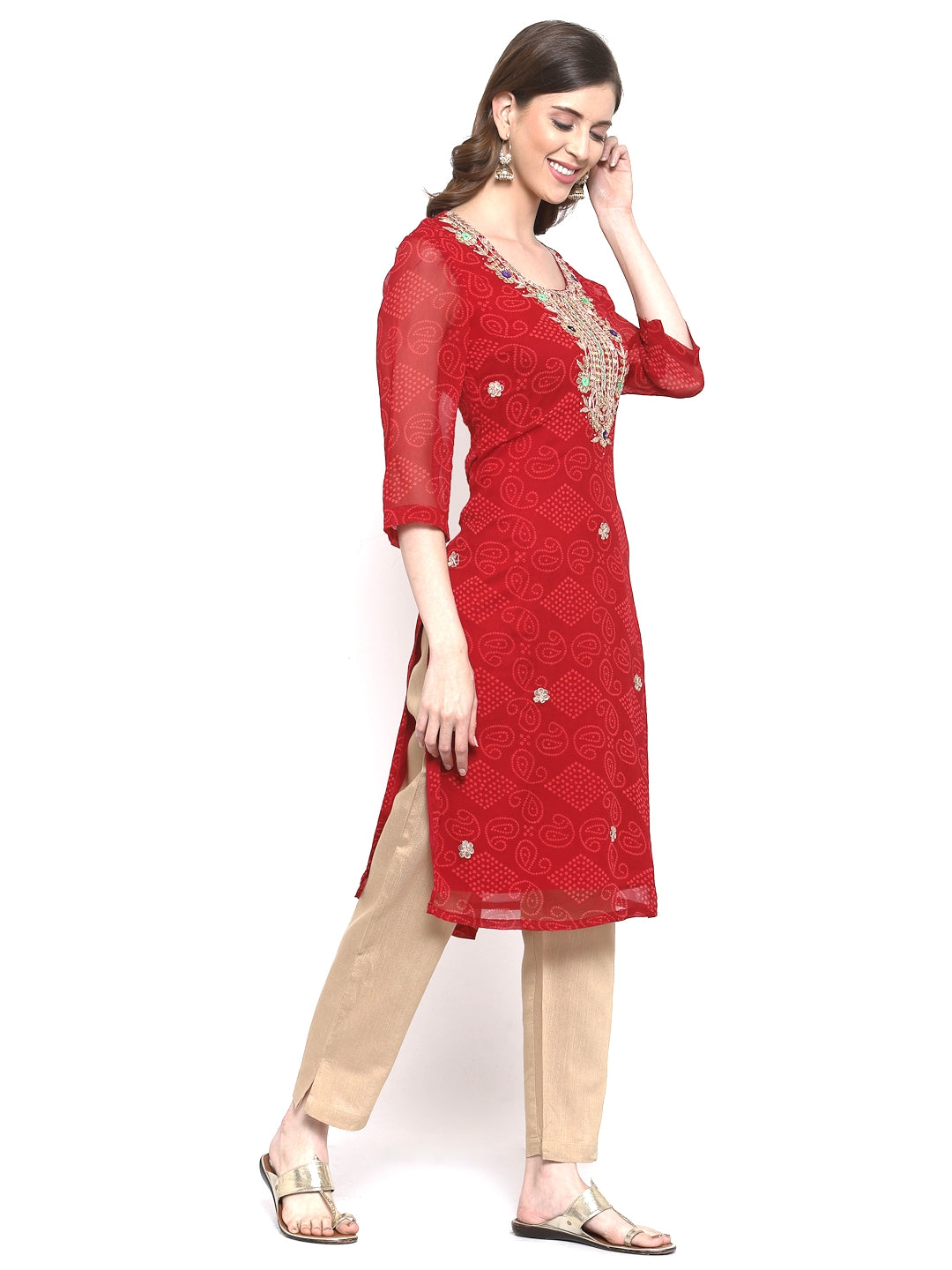 Red Bandhani Georgette Kurti for Women | Diwali & Festive Wear Indian Kurti