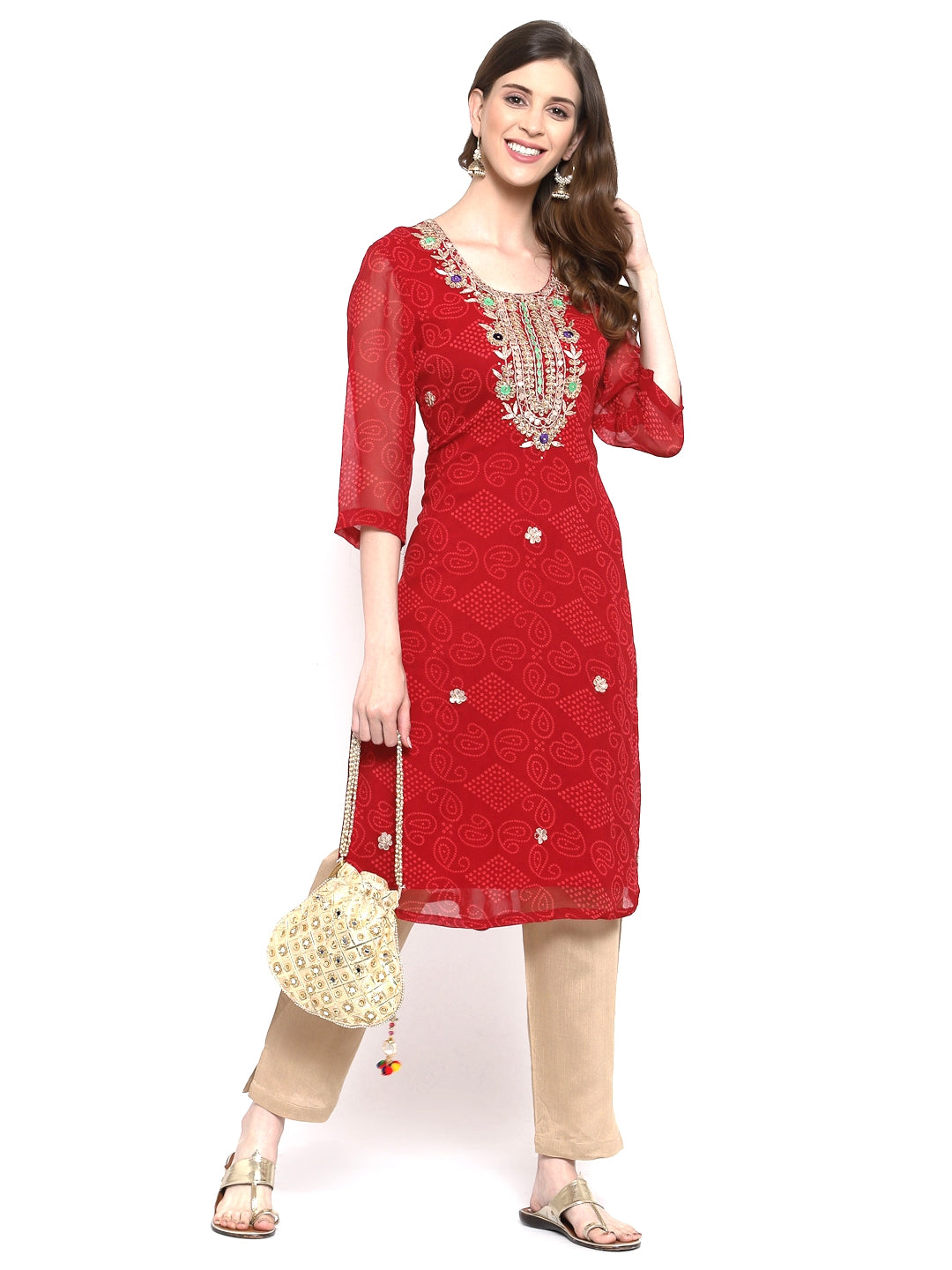 Red Bandhani Georgette Kurti for Women | Diwali & Festive Wear Indian Kurti