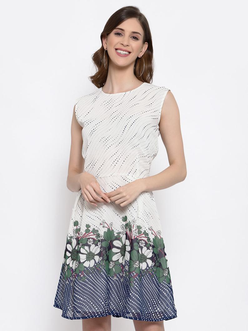 Offwhite Printed Georgette Sleeveless Dress , Chest 38 Inches