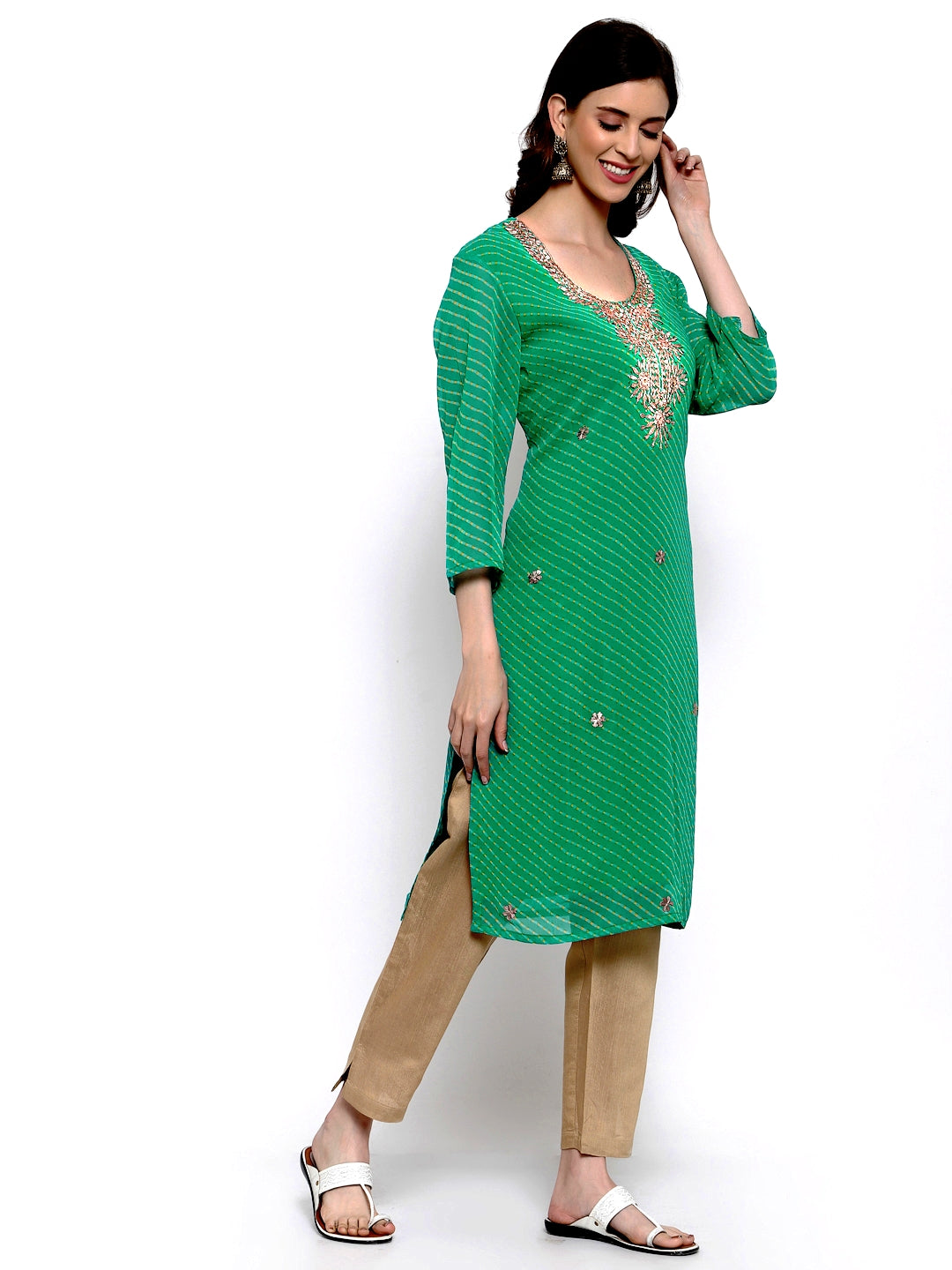 Green Leheriya Georgette Kurti for Women | Indian Festive & Party Wear Kurti