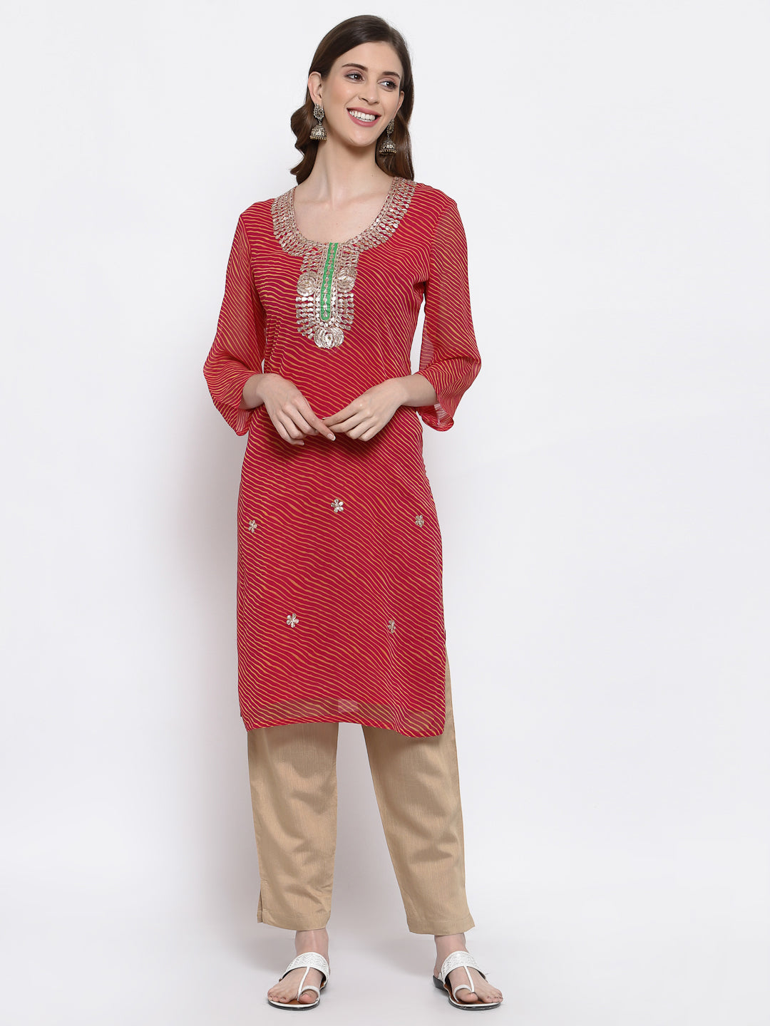 Dark pink leheriya georgette kurta with gota patti work , Chest 38 Inches
