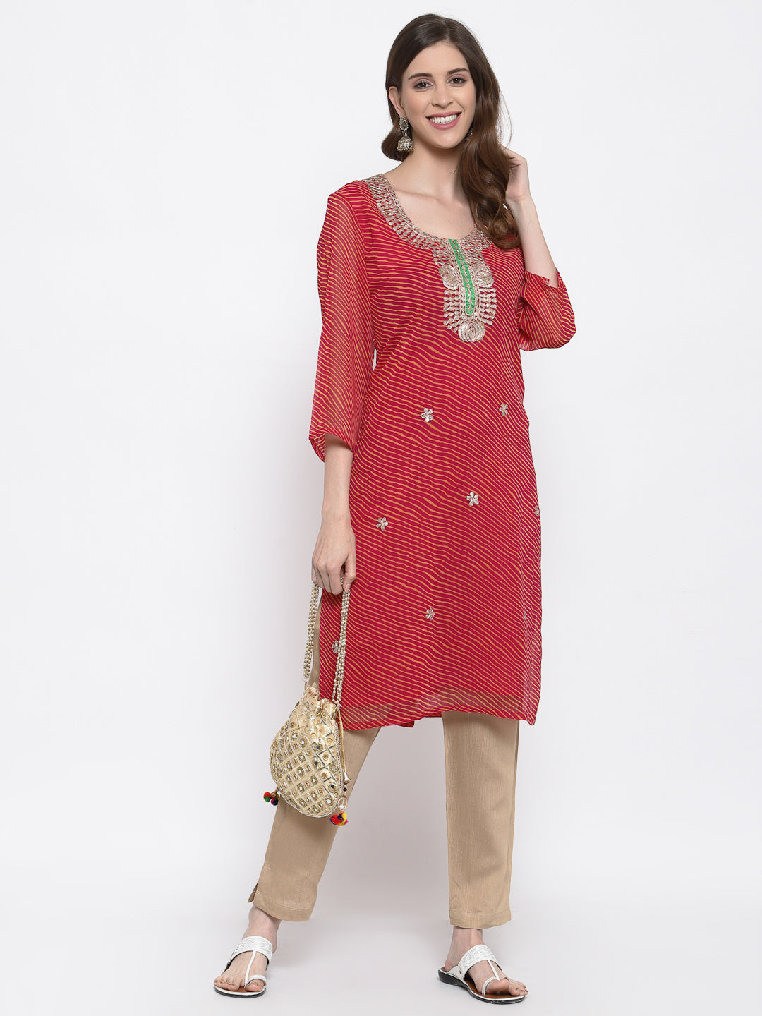 Dark pink leheriya georgette kurta with gota patti work , Chest 38 Inches