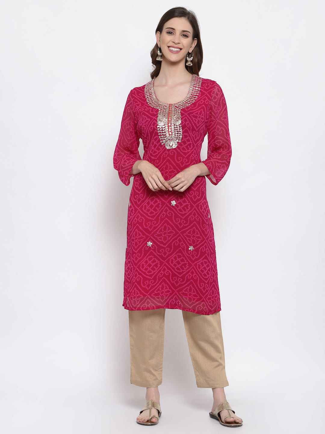 Womens Magenta Bandhini Kurti | Georgette Embellished Kurti