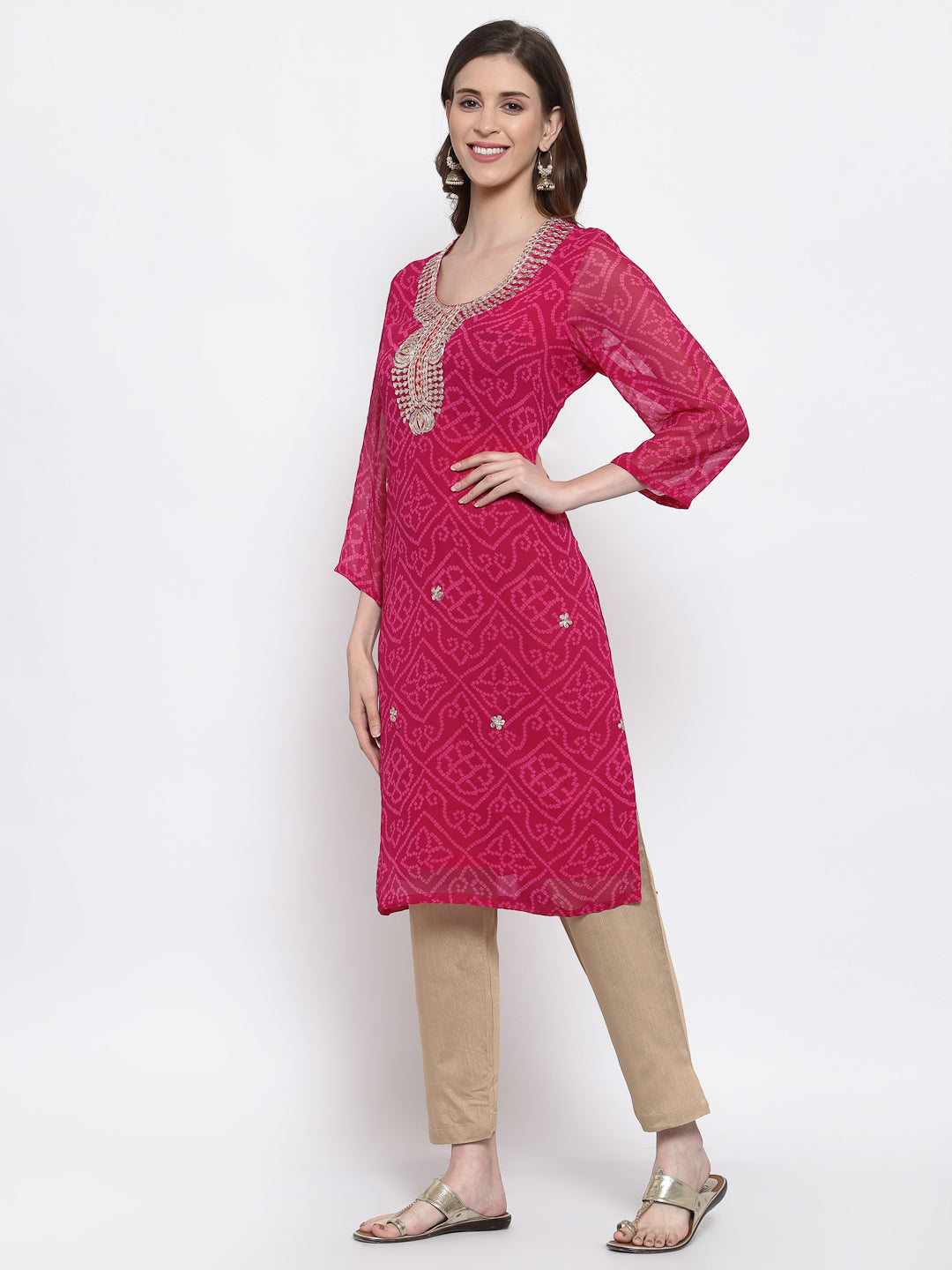 Womens Magenta Bandhini Kurti | Georgette Embellished Kurti