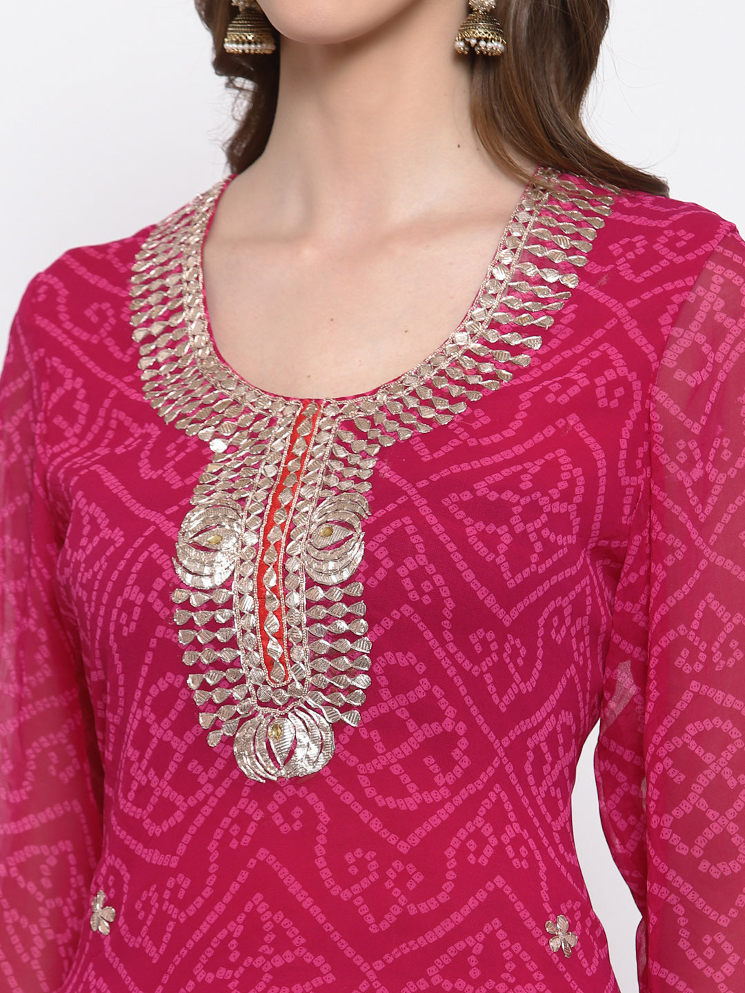 Womens Magenta Bandhini Kurti | Georgette Embellished Kurti