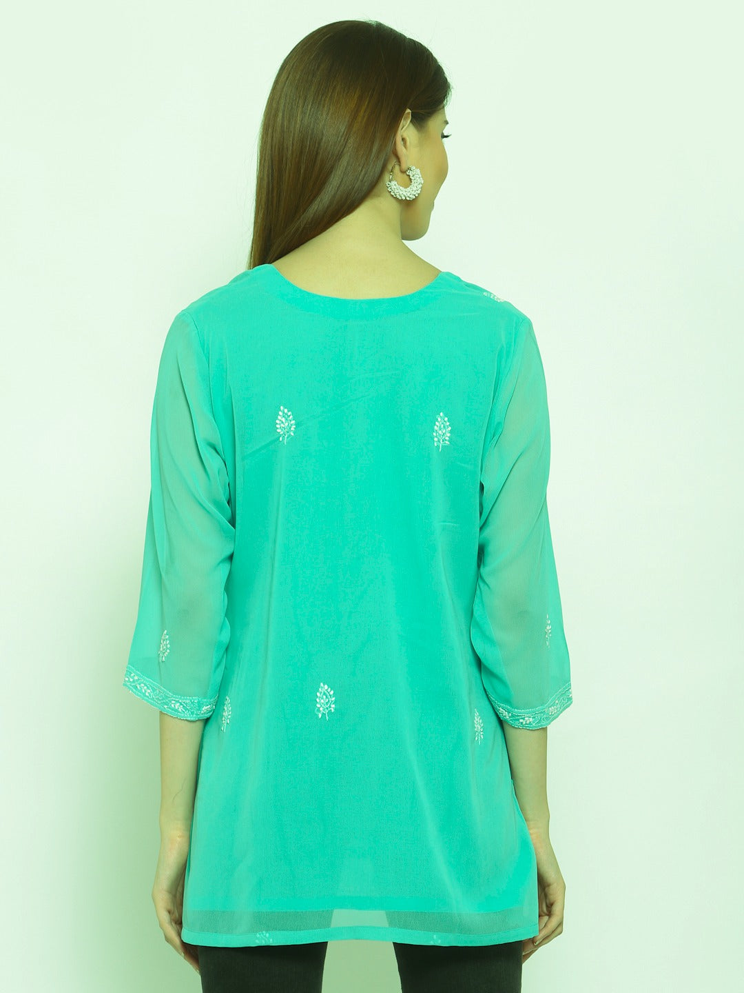 Sea Green Georgette Chikankari Top / Kurti , Chest - 40 Inches