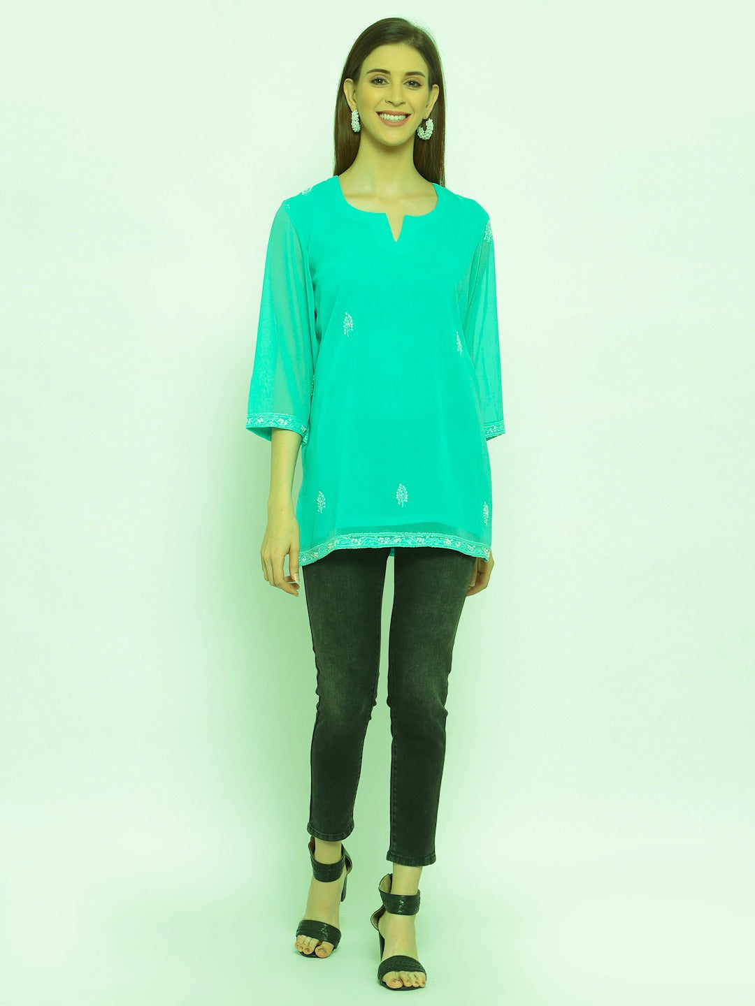 Sea Green Georgette Chikankari Top / Kurti , Chest - 40 Inches