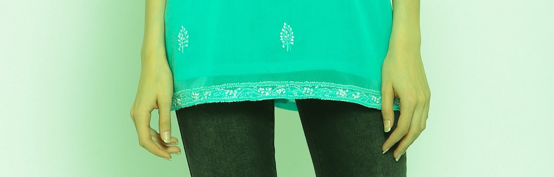Sea Green Georgette Chikankari Top / Kurti , Chest - 40 Inches