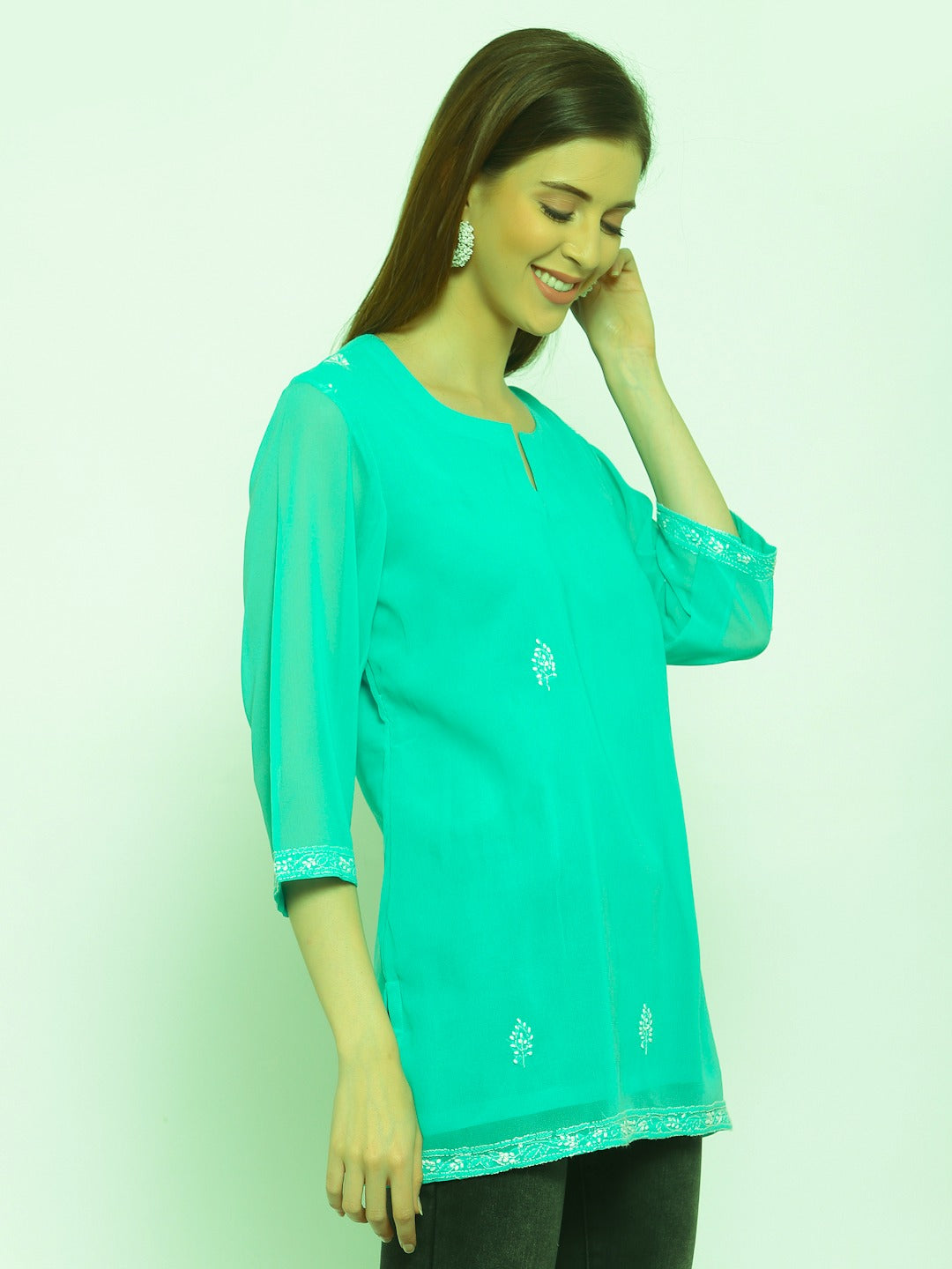 Sea Green Georgette Chikankari Top / Kurti , Chest - 40 Inches