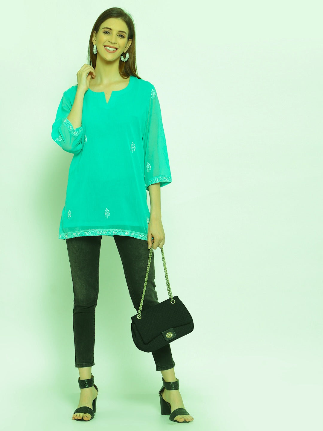 Sea Green Georgette Chikankari Top / Kurti , Chest - 40 Inches