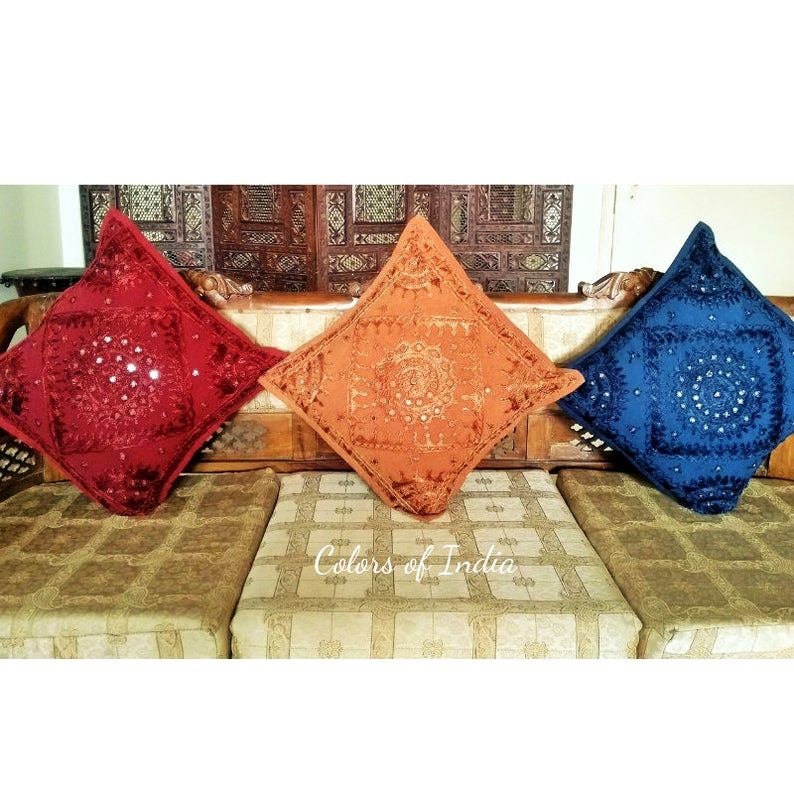 Colourful Handembroidered Cushion Covers for Bedroom , 16 inches x 16 inches , Set of 3 Cushion Covers FREE DELIVERY