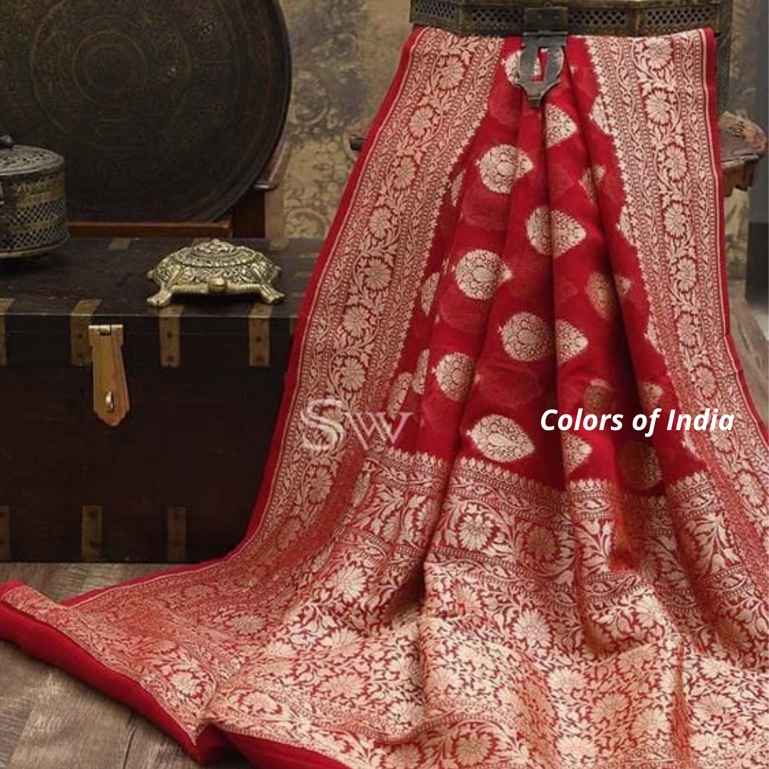 Red Party Wear Semi Georgette Saree , FREE DELIVERY