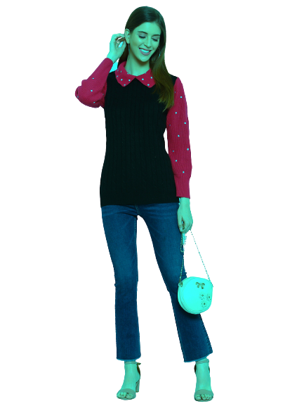 Black woollen sweater for women with contrast collar