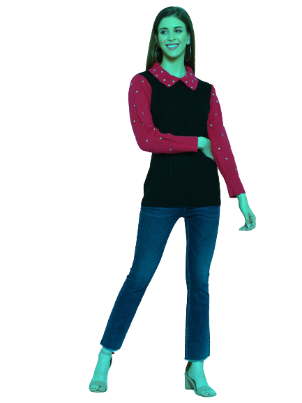 Black woollen sweater for women with contrast collar
