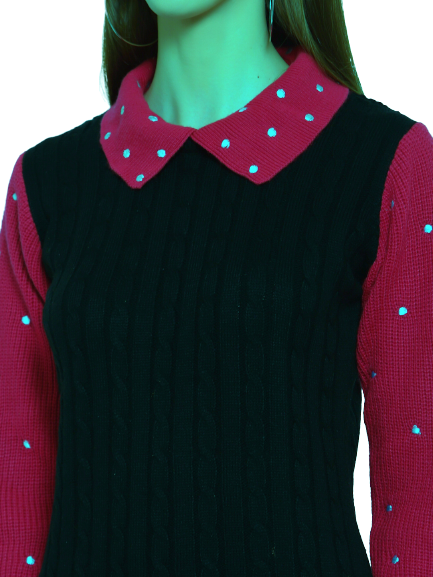 Black woollen sweater for women with contrast collar