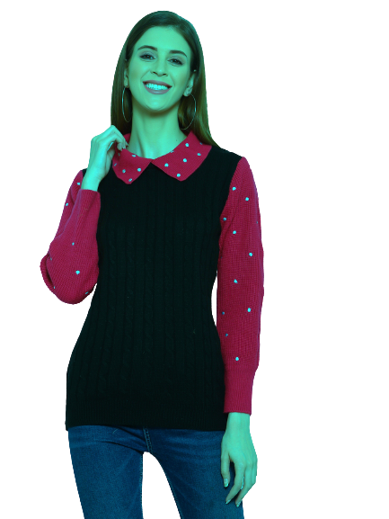 Black woollen sweater for women with contrast collar