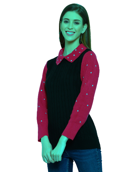 Black woollen sweater for women with contrast collar