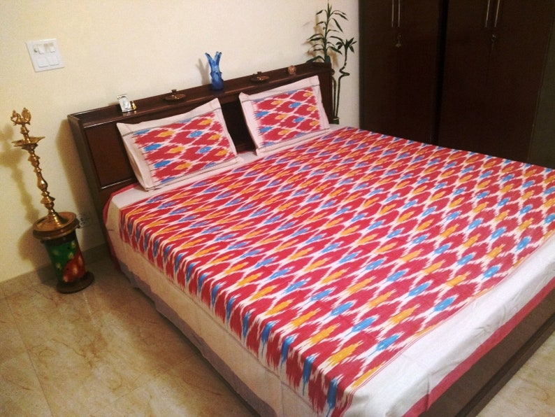 Red Cotton Queen Size Ikat Bedcover with Matching Pillow Covers