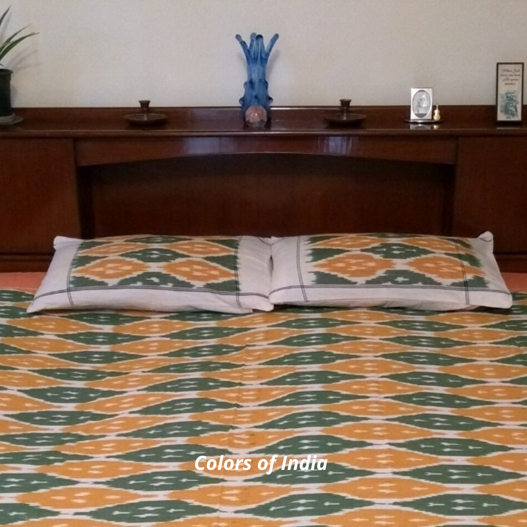 Queen Size Cotton Ikat Bedcover With Matching Pillow Covers