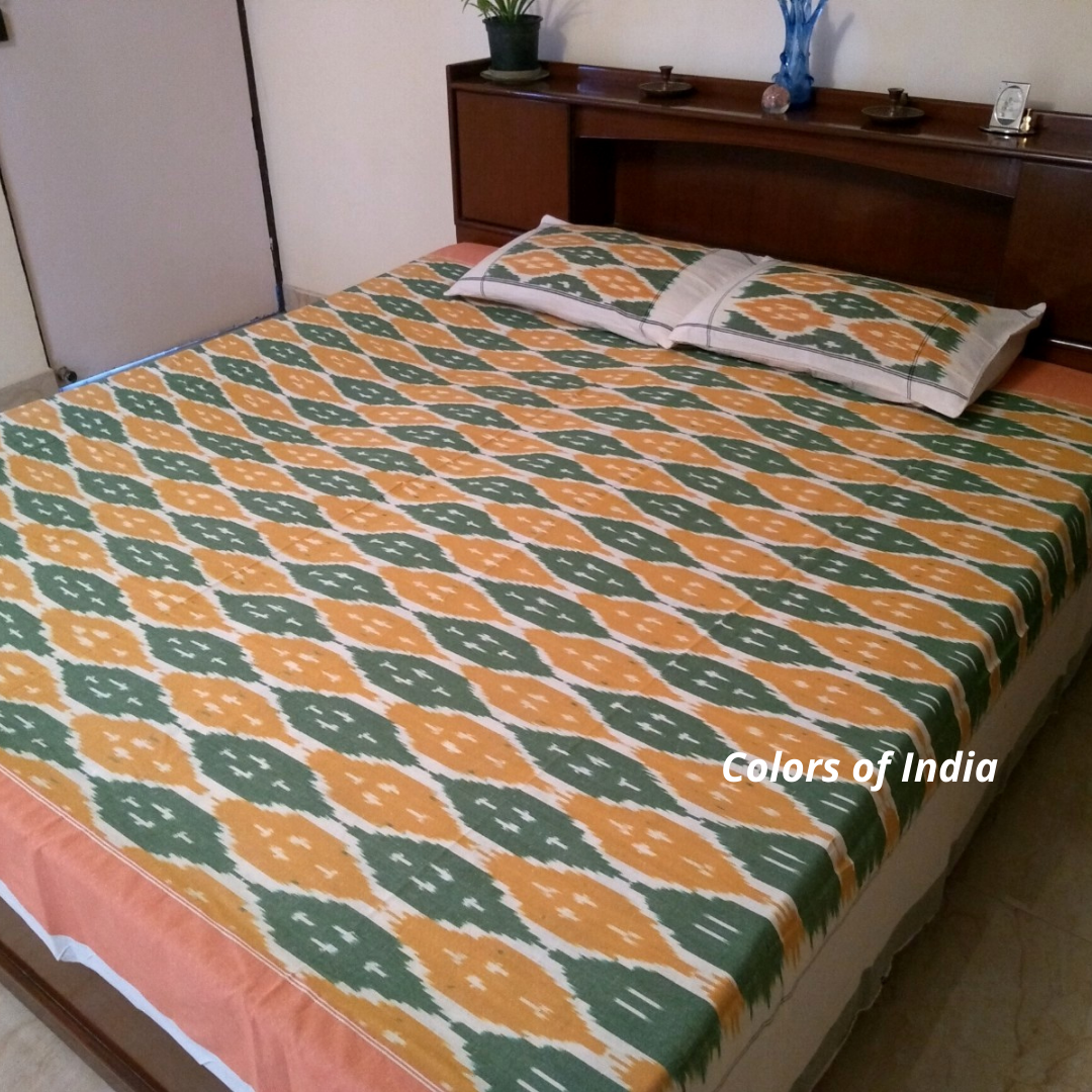 Queen Size Cotton Ikat Bedcover With Matching Pillow Covers