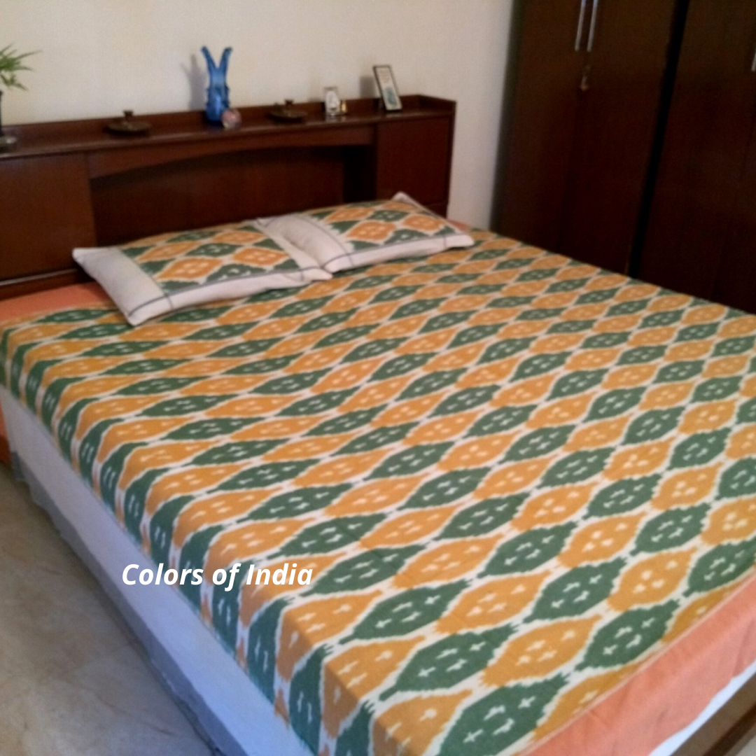 Queen Size Cotton Ikat Bedcover With Matching Pillow Covers