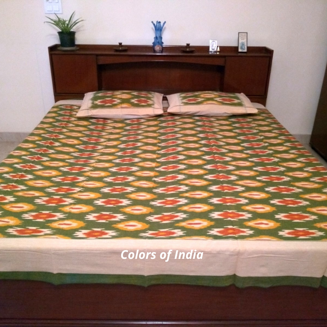 Green Cotton Queen Size Ikat Bedcover With Matching Pillow Covers