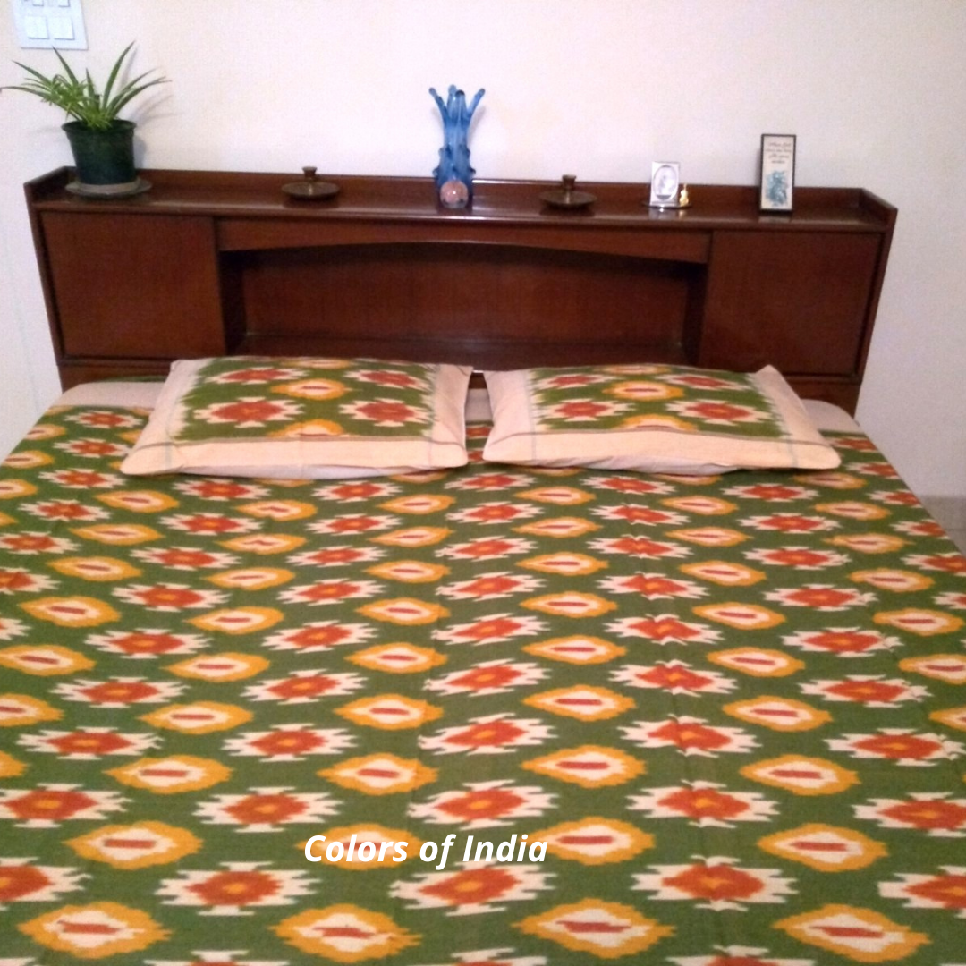 Green Cotton Queen Size Ikat Bedcover With Matching Pillow Covers