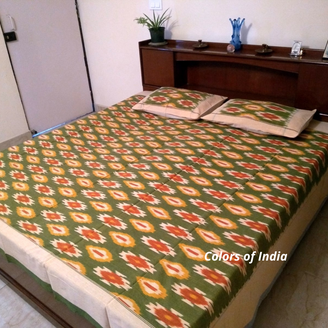 Green Cotton Queen Size Ikat Bedcover With Matching Pillow Covers