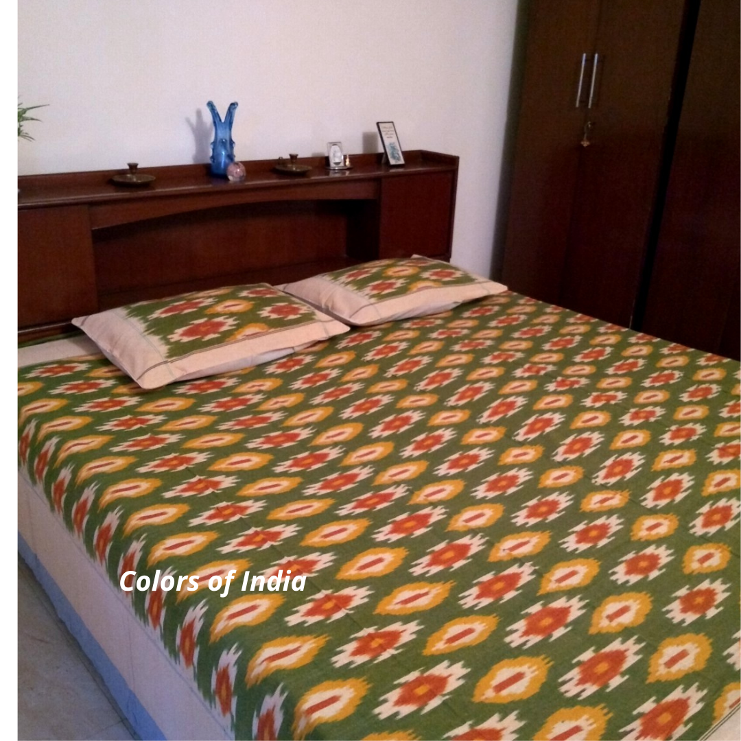 Green Cotton Queen Size Ikat Bedcover With Matching Pillow Covers