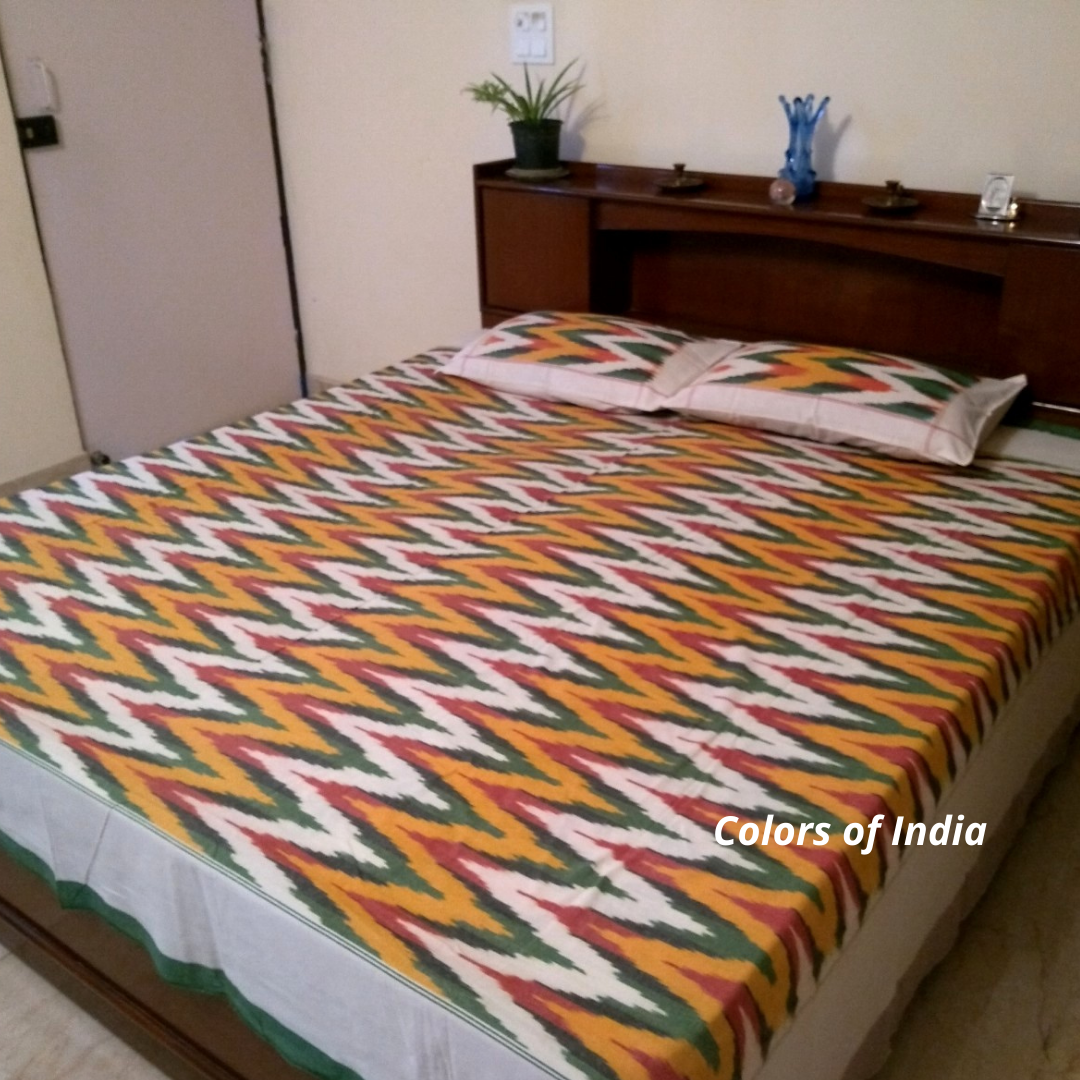 Yellow Cotton Queen Size Ikat Bedcover With Matching Pillow Covers