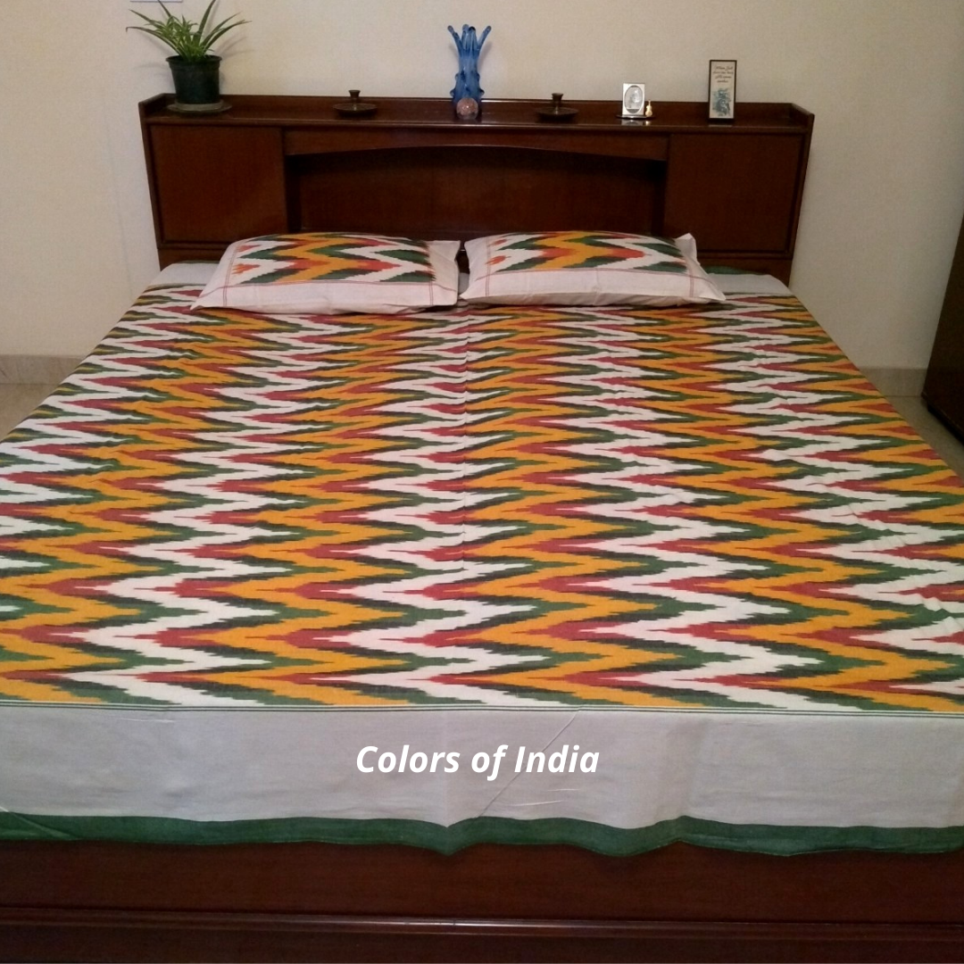 Yellow Cotton Queen Size Ikat Bedcover With Matching Pillow Covers