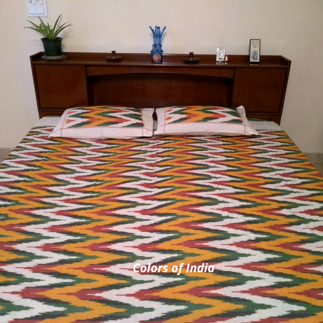 Yellow Cotton Queen Size Ikat Bedcover With Matching Pillow Covers