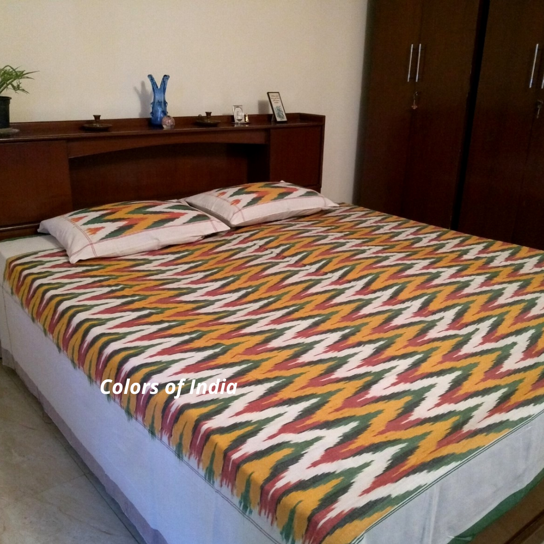 Yellow Cotton Queen Size Ikat Bedcover With Matching Pillow Covers