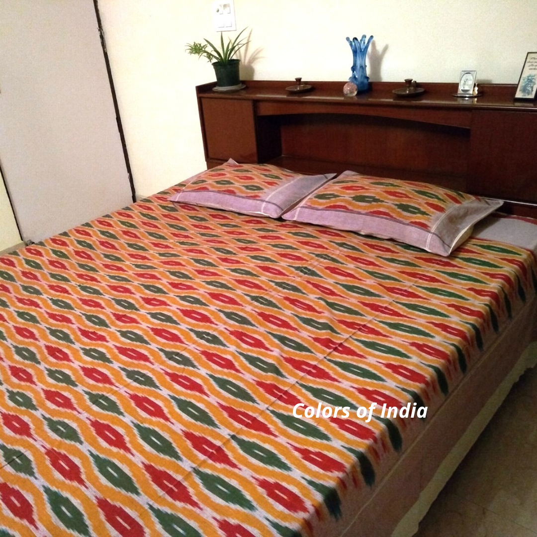 Red and Green Queen Size Cotton Ikat Bedcover With Matching Pillow Covers