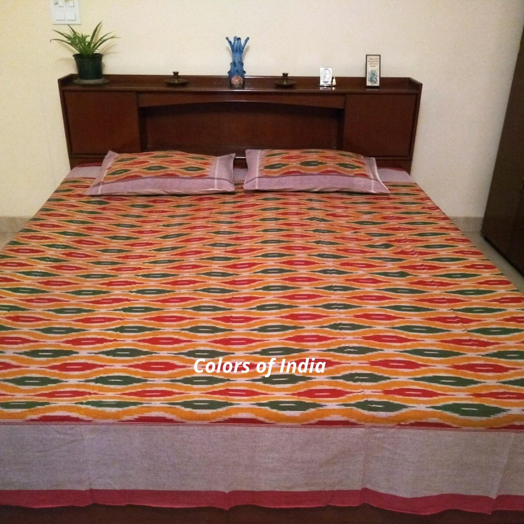 Red and Green Queen Size Cotton Ikat Bedcover With Matching Pillow Covers