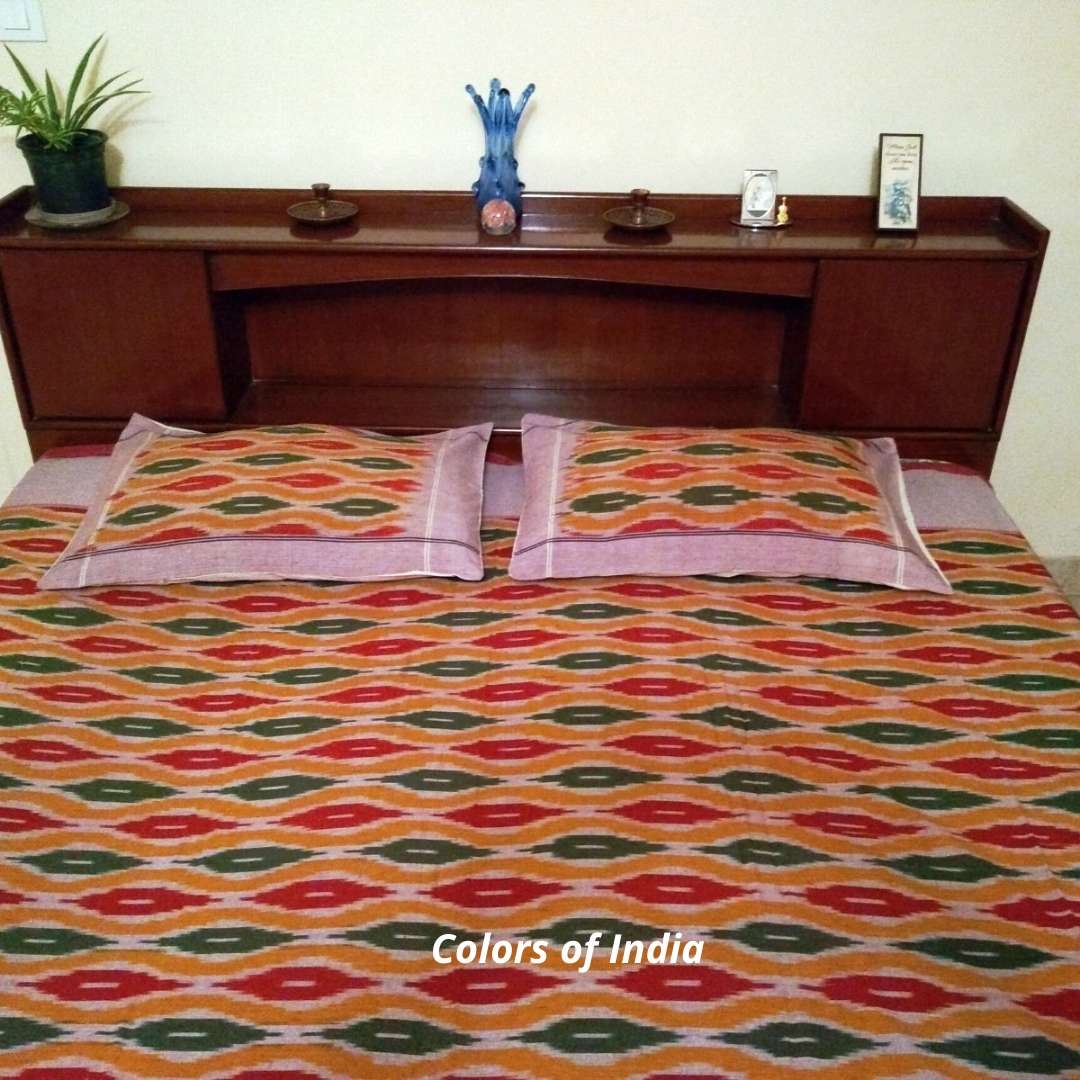 Red and Green Queen Size Cotton Ikat Bedcover With Matching Pillow Covers