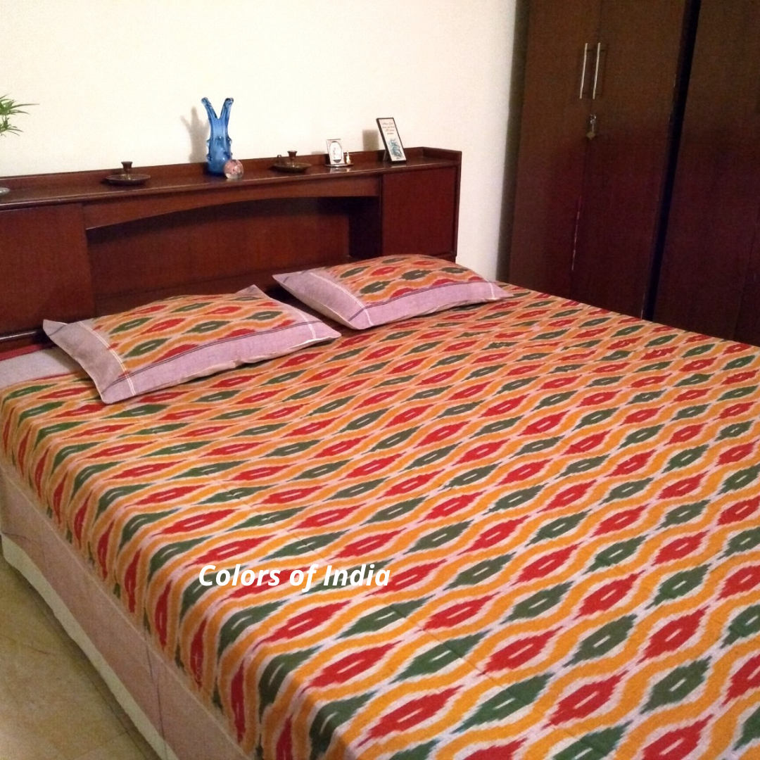 Red and Green Queen Size Cotton Ikat Bedcover With Matching Pillow Covers