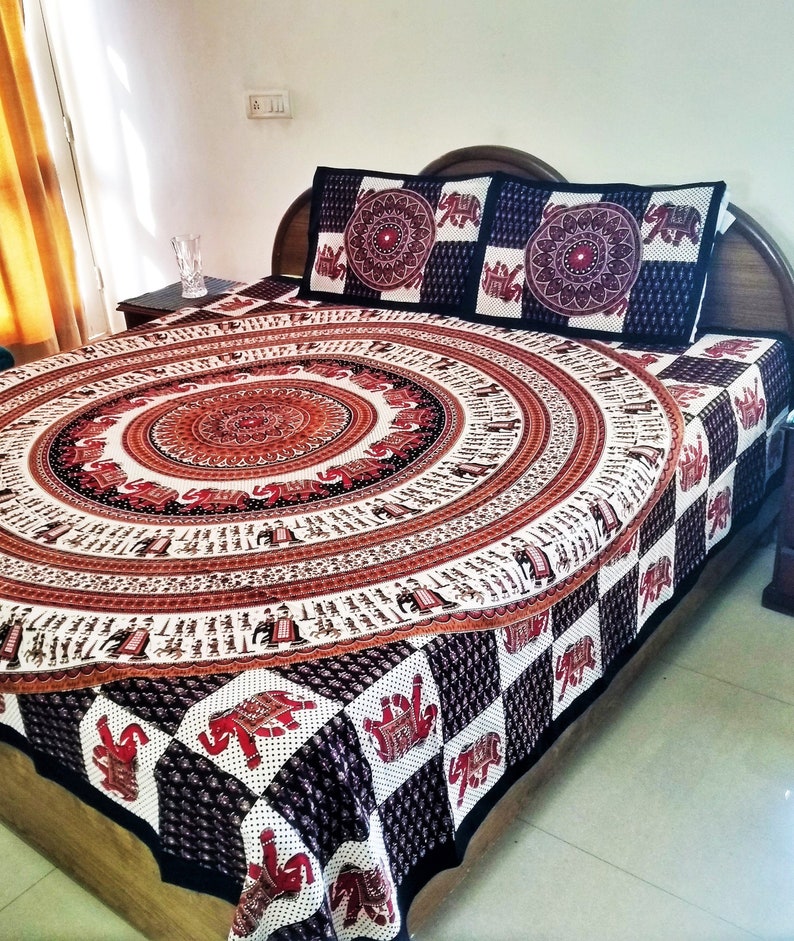 Black Handblock Printed Queen Size Cotton Bedsheet