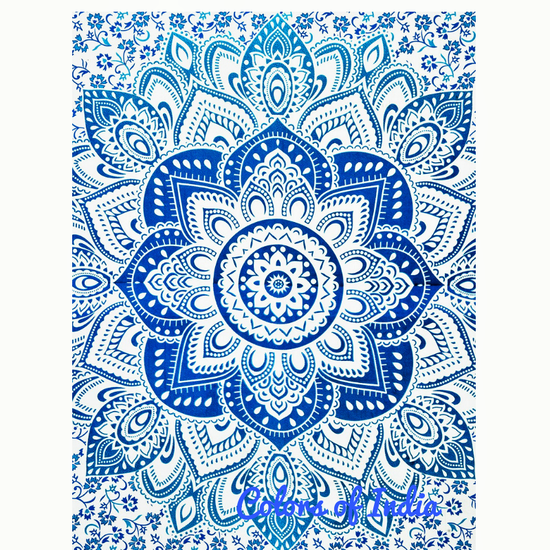 Blue Ombre Handblock Printed Twin Size Bed Sheet with 2 White Pillow Covers