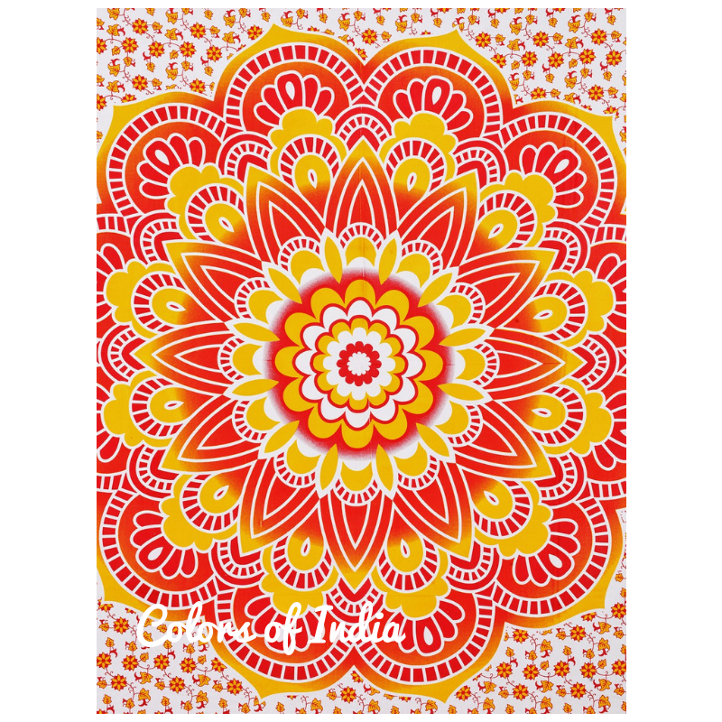 Yellow Red Mandala Bedsheet Twin Size with 2 White Pillow Covers