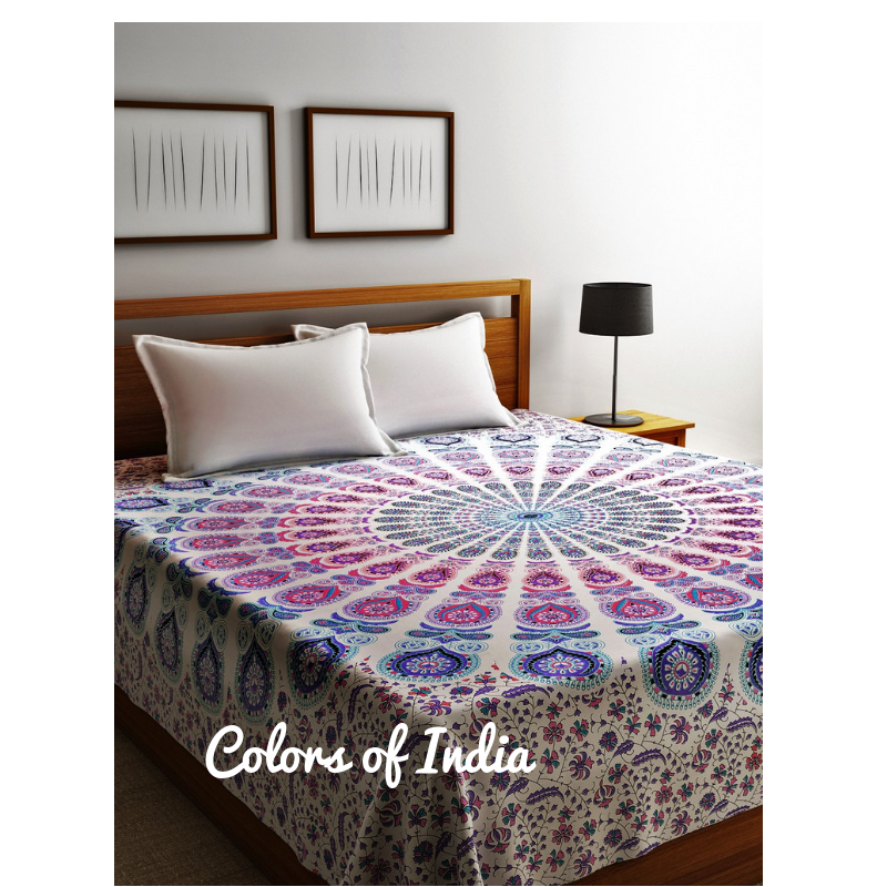Blue Pink Mandala Cotton Bedsheet Twin Size With 2 White Pillow Covers