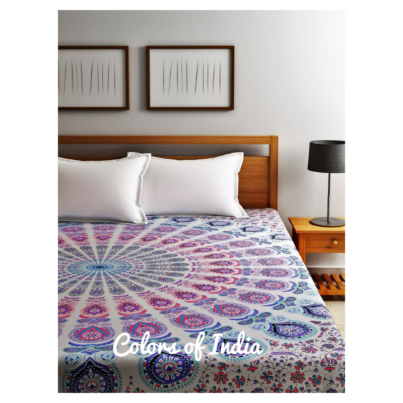 White / Pink Queen Size Cotton Bedsheet with 2 White Pillow Covers