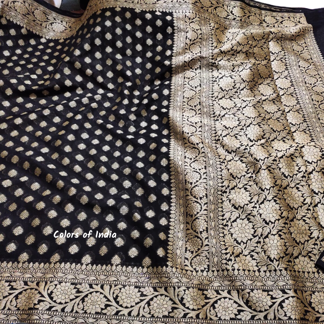 Black Semi Georgette Sarees with Blouse Piece