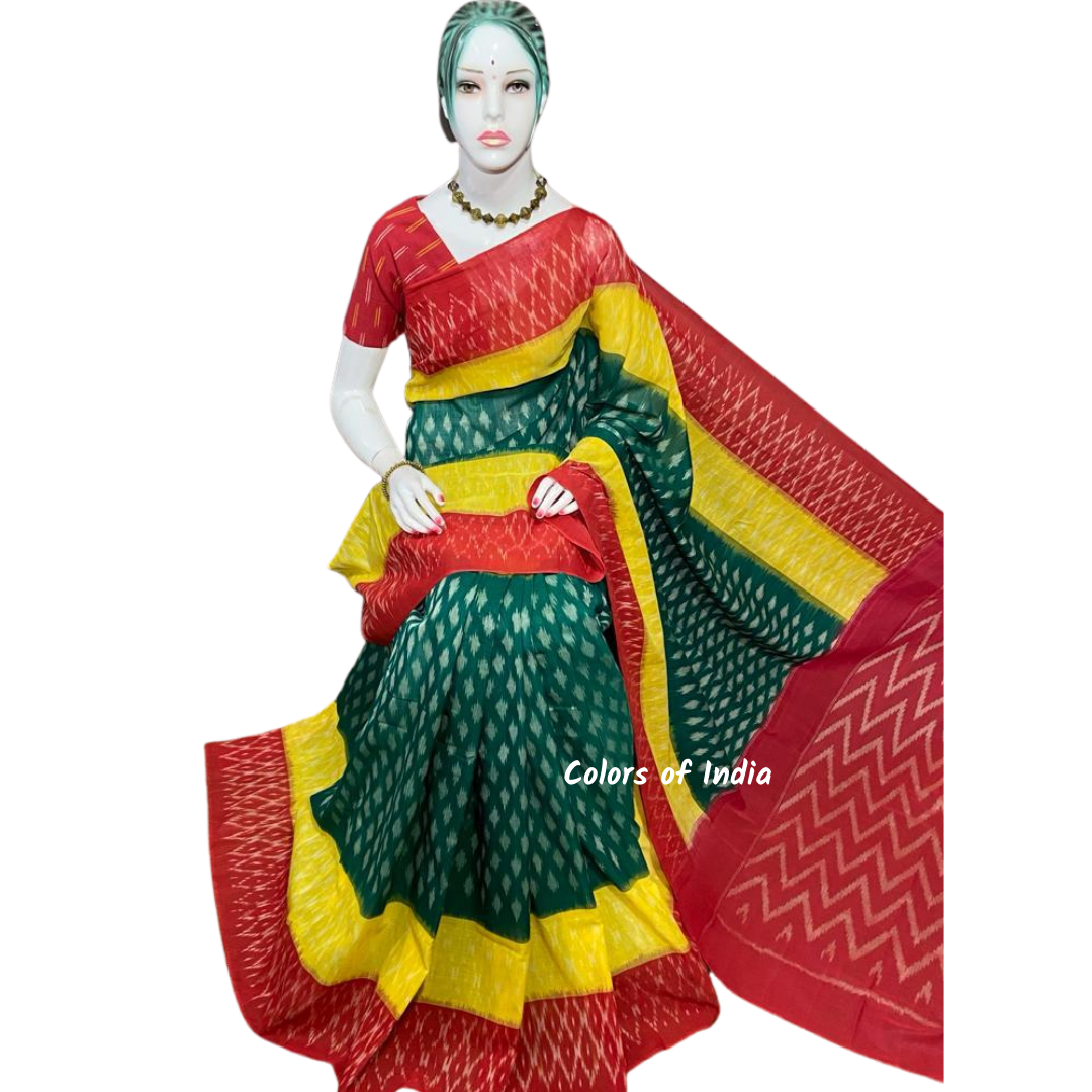 Ikat Cotton sarees for women , Ikat saree blouse , Handloom cotton saree , FREE DELIVERY