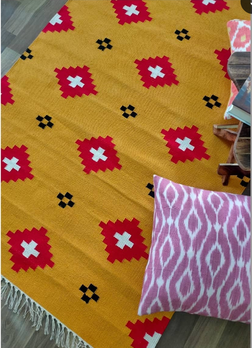 Yellow handwoven rug / dhurrie , FREE DELIVERY